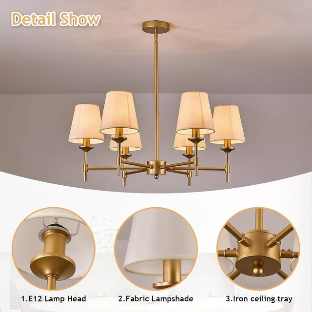 Alt view image 3 of 7 - Gold Chandelier with Shades 6 Light Ceiling Light Fixture with Linen Fabric Farmhouse Pendant Lights for Bedroom Kitchen Dining Room Living Room Foyer