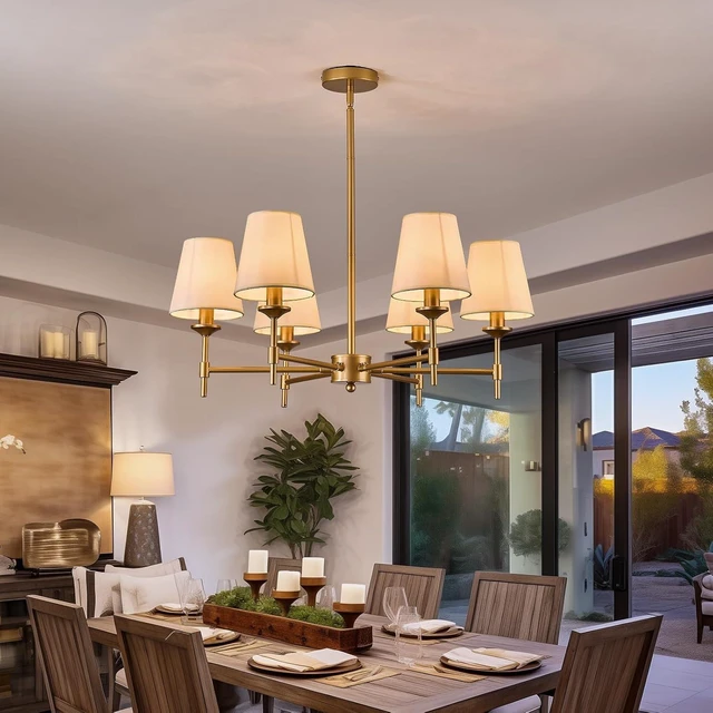 Alt view image 6 of 7 - Gold Chandelier with Shades 6 Light Ceiling Light Fixture with Linen Fabric Farmhouse Pendant Lights for Bedroom Kitchen Dining Room Living Room Foyer