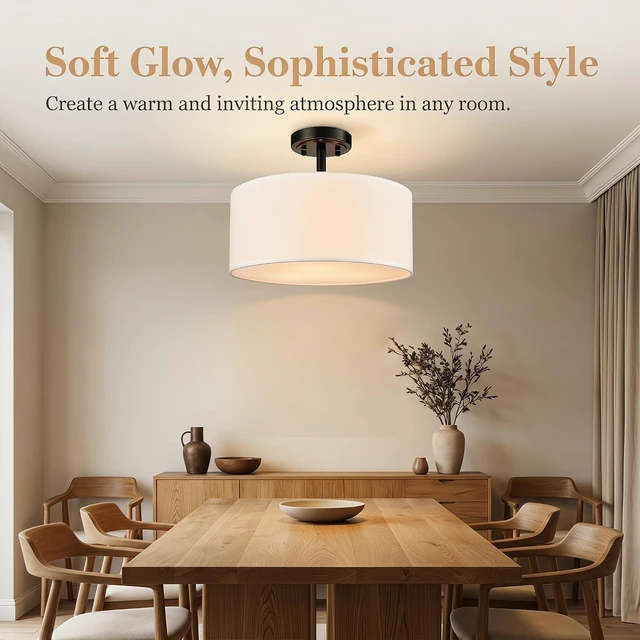 Alt view image 2 of 7 - Modern Black Semi Flush Mount Ceiling Light Drum Light Fixtures