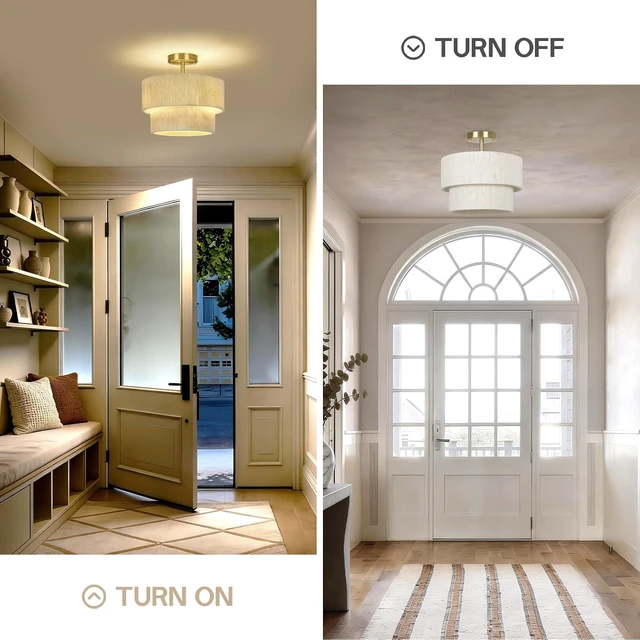 Alt view image 3 of 7 - 12.6 Modern Boho Rattan Style Drum Ceiling Light Fixture, White Woven Semi Flush Mount Chandelier Light for Bedroom Living Room Kitchen Dining Hallway Entryway, Coastal Ceiling Light Fixture