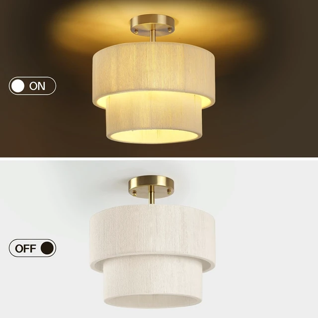 Alt view image 2 of 7 - 12.6 Modern Boho Rattan Style Drum Ceiling Light Fixture, White Woven Semi Flush Mount Chandelier Light for Bedroom Living Room Kitchen Dining Hallway Entryway, Coastal Ceiling Light Fixture