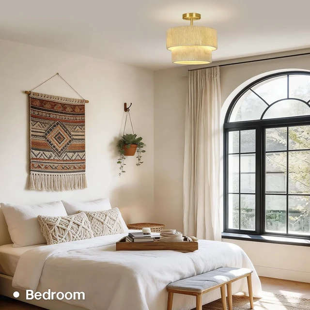 Alt view image 5 of 7 - 12.6 Modern Boho Rattan Style Drum Ceiling Light Fixture, White Woven Semi Flush Mount Chandelier Light for Bedroom Living Room Kitchen Dining Hallway Entryway, Coastal Ceiling Light Fixture