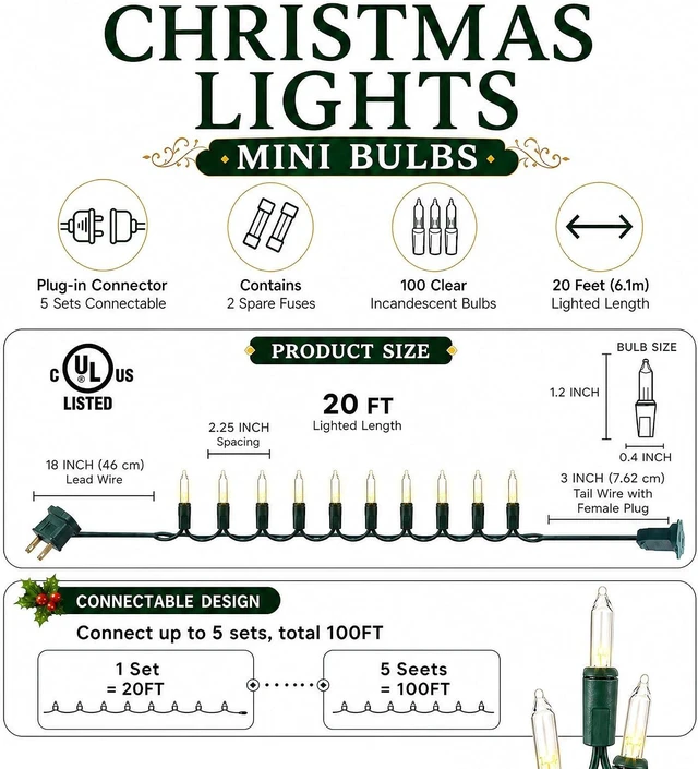Alt view image 2 of 7 - Warm White Christmas Lights, 2 Pack Total 40FT 200 Count Incandescent Christmas Mini Tree String Lights, Waterproof Christmas Decorations for Outdoor Indoor Xmas Patio Home Party Garden Yard Decor