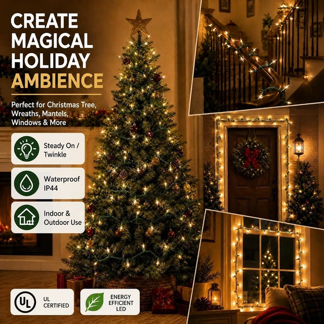 Alt view image 3 of 7 - Warm White Christmas Lights, 2 Pack Total 40FT 200 Count Incandescent Christmas Mini Tree String Lights, Waterproof Christmas Decorations for Outdoor Indoor Xmas Patio Home Party Garden Yard Decor