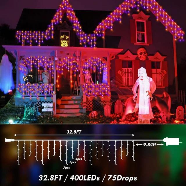 Alt view image 7 of 7 - KNONEW 33FT 400 LED Orange Purple Halloween Lights Outdoor Decor Plug in