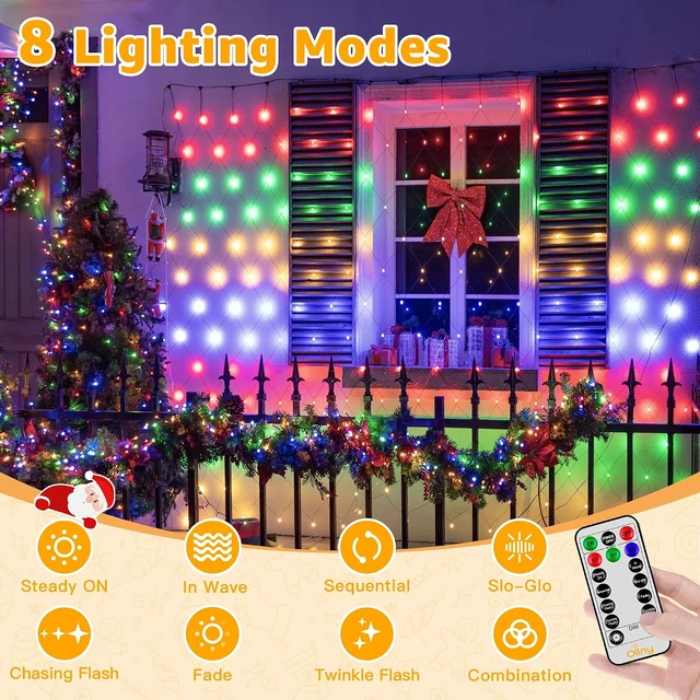 Alt view image 2 of 7 - Ollny Net Lights 210LED 10x7ft, Green Wire Christmas Outdoor Mesh Light