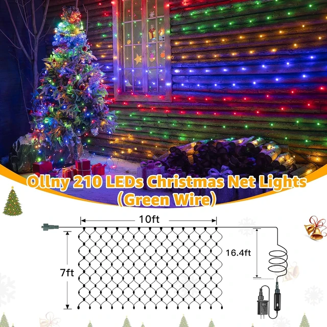 Alt view image 3 of 7 - Ollny Net Lights 210LED 10x7ft, Green Wire Christmas Outdoor Mesh Light