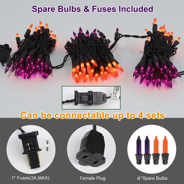 Alt view image 6 of 7 - LJLNION 3 Sets Halloween Lights, 29ft 150 Count Black Wire Fairy Mini Lights, 120V UL Certified Incandescent Light String, Connectable for Garden Patio Holiday Party Outdoor Decor, Orange & Purple