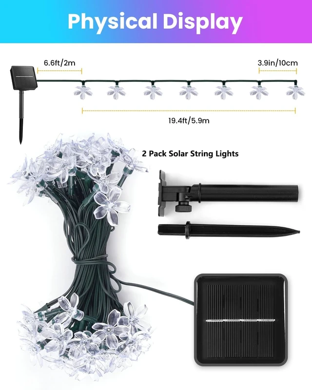Alt view image 3 of 7 - Brightown 2 Pack Total 52FT 120 LED Flower Solar String Lights Outdoor Waterproof Fairy Lights for Garden Yard Fence Patio Christmas Tree Wedding Party Decor, Multicolor