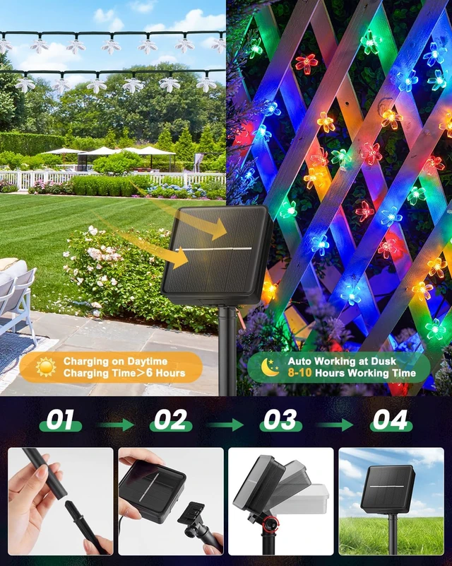 Alt view image 5 of 7 - Brightown 2 Pack Total 52FT 120 LED Flower Solar String Lights Outdoor Waterproof Fairy Lights for Garden Yard Fence Patio Christmas Tree Wedding Party Decor, Multicolor