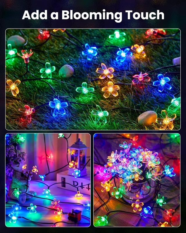 Alt view image 7 of 7 - Brightown 2 Pack Total 52FT 120 LED Flower Solar String Lights Outdoor Waterproof Fairy Lights for Garden Yard Fence Patio Christmas Tree Wedding Party Decor, Multicolor