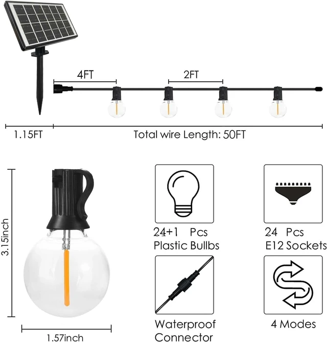 Alt view image 2 of 7 - SUNTHIN 50ft Solar String Lights, USB Rechargeable Solar Outdoor Lights with 24 Waterproof & Shatterproof G40 LED Bulbs for Patio, Porch, Garden, Deck, Bistro, Cafe, Camping