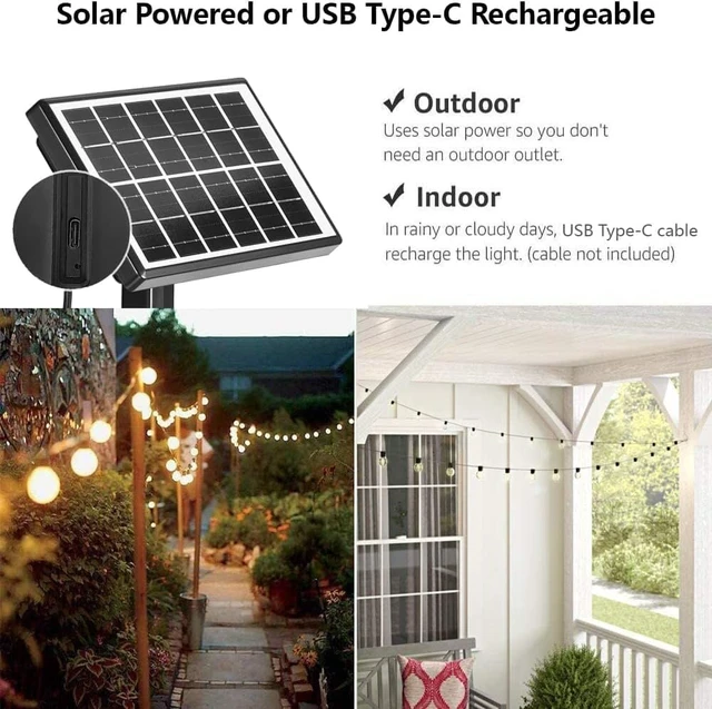 Alt view image 4 of 7 - SUNTHIN 50ft Solar String Lights, USB Rechargeable Solar Outdoor Lights with 24 Waterproof & Shatterproof G40 LED Bulbs for Patio, Porch, Garden, Deck, Bistro, Cafe, Camping