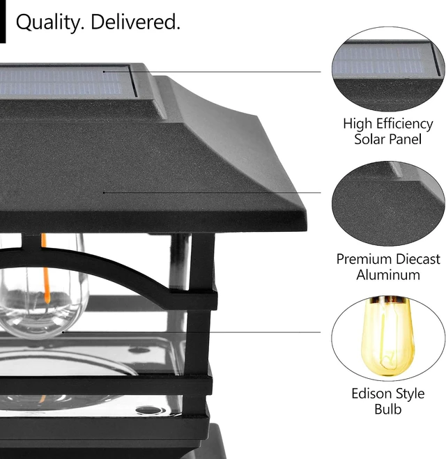 Alt view image 2 of 6 - Davinci Lighting Edison Solar Outdoor Post Cap Lights - 4x4 5x5 6x6 - Bright LED Light for Fence Deck Garden or Patio Posts - Slate Black (1 Pack)