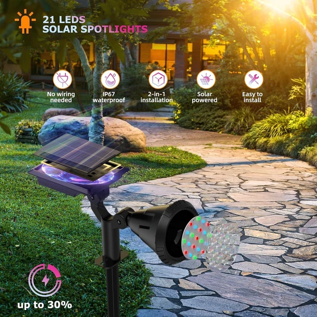 Alt view image 2 of 7 - Color Changing Solar Spot Lights Outdoor, 21 LEDs Brightness Solar Pathway Lights Outdoor, IP67 Waterproof Exterior Solar Lights for House, 2-in-1 Solar Flood Lights Outdoor for Yard