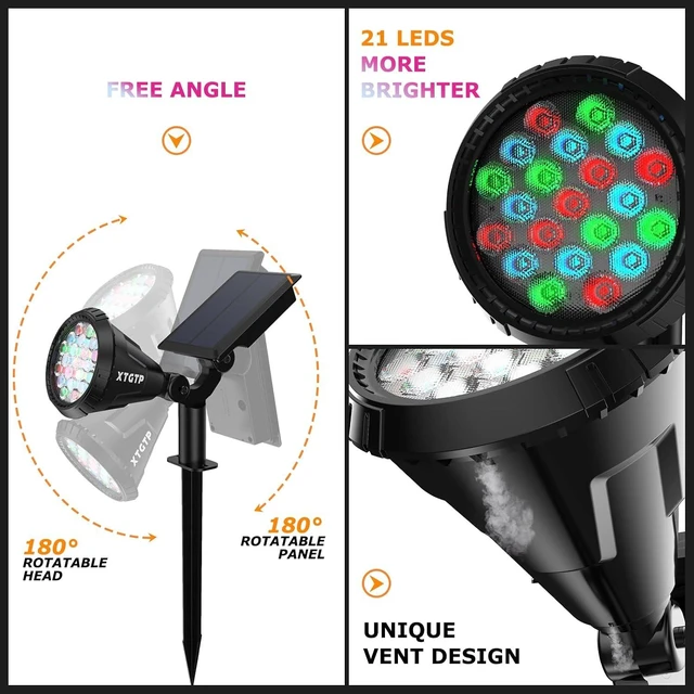 Alt view image 7 of 7 - Color Changing Solar Spot Lights Outdoor, 21 LEDs Brightness Solar Pathway Lights Outdoor, IP67 Waterproof Exterior Solar Lights for House, 2-in-1 Solar Flood Lights Outdoor for Yard