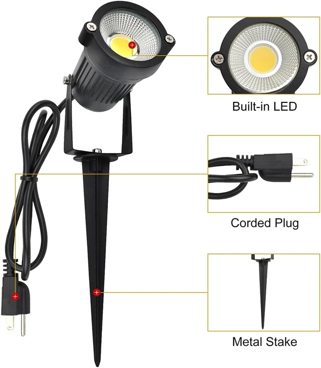 Alt view image 2 of 6 - GSS6005 Outdoor Plug-in LED Spotlight 5W 450LM Warm White 3000K, IP65 Waterproof Landscape Spotlight with Ground Stake, Metal, 3ft Cord, 120V (Pack of 2)