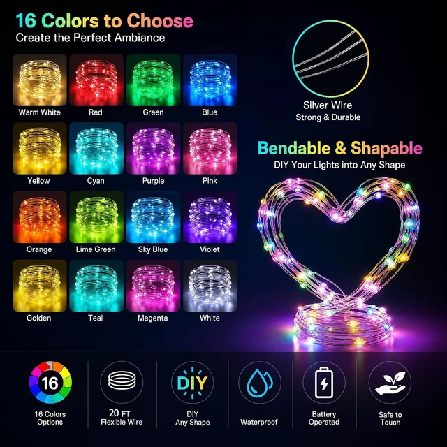 Alt view image 2 of 7 - Dazzle Bright Color Changing Fairy Lights Battery Operated, 2 Pack Total 40FT 120LED Silver Copper Wire RGB String Lights with Remote, Waterproof Halloween Decorations for Indoor Outdoor Party Decor