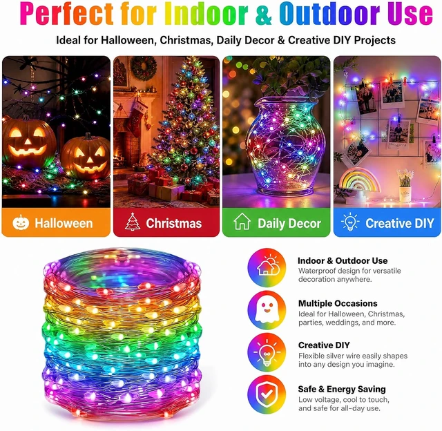 Alt view image 6 of 7 - Dazzle Bright Color Changing Fairy Lights Battery Operated, 2 Pack Total 40FT 120LED Silver Copper Wire RGB String Lights with Remote, Waterproof Halloween Decorations for Indoor Outdoor Party Decor