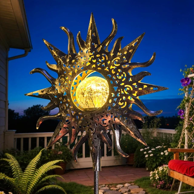Main image of HOMEIMPRO Large Sun Solar Garden Decor Lights Outdoor Garden Gifts Mom Dad, Crackle Glass Metal Stake Backyard Decor, Waterproof LED Lights for Lawn Patio Ornaments, Mothers Day Gifts for Women