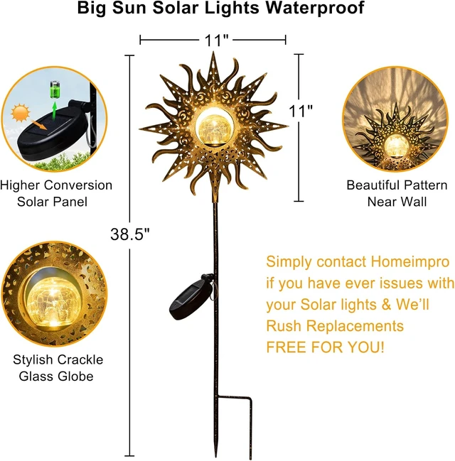 Alt view image 4 of 7 - HOMEIMPRO Large Sun Solar Garden Decor Lights Outdoor Garden Gifts Mom Dad, Crackle Glass Metal Stake Backyard Decor, Waterproof LED Lights for Lawn Patio Ornaments, Mothers Day Gifts for Women