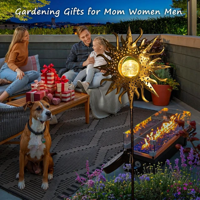 Alt view image 2 of 7 - HOMEIMPRO Large Sun Solar Garden Decor Lights Outdoor Garden Gifts Mom Dad, Crackle Glass Metal Stake Backyard Decor, Waterproof LED Lights for Lawn Patio Ornaments, Mothers Day Gifts for Women
