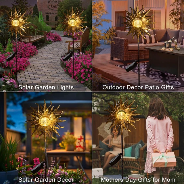 Alt view image 3 of 7 - HOMEIMPRO Large Sun Solar Garden Decor Lights Outdoor Garden Gifts Mom Dad, Crackle Glass Metal Stake Backyard Decor, Waterproof LED Lights for Lawn Patio Ornaments, Mothers Day Gifts for Women