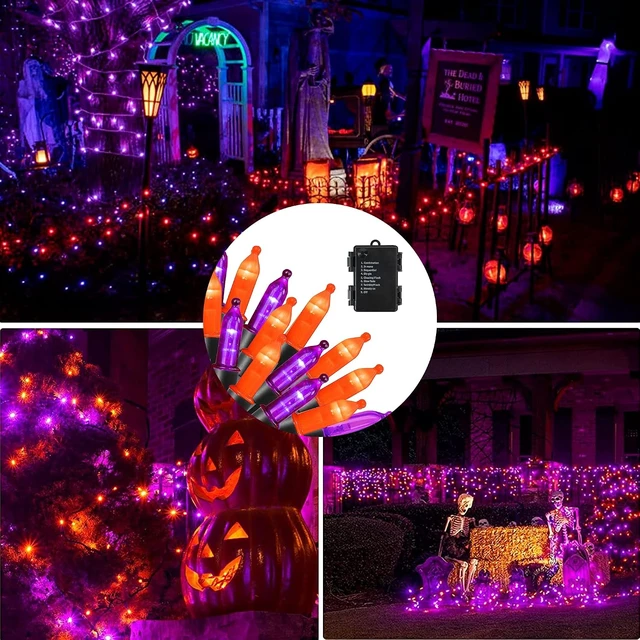 Alt view image 5 of 7 - Dazzle Bright Purple and Orange Halloween Lights Battery Operated, 2 Pack Total 100LED 32FT Waterproof Mini String Lights with 8 Modes, Halloween Decorations for Outdoor Indoor Garden Yard Party