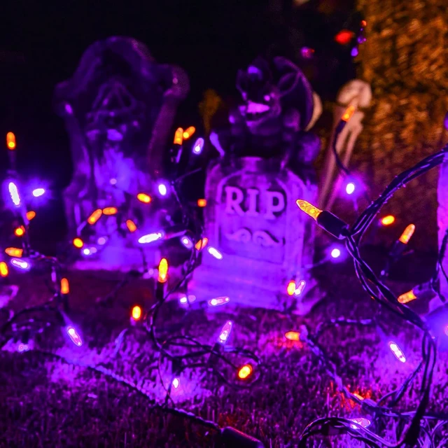 Alt view image 7 of 7 - Dazzle Bright Purple and Orange Halloween Lights Battery Operated, 2 Pack Total 100LED 32FT Waterproof Mini String Lights with 8 Modes, Halloween Decorations for Outdoor Indoor Garden Yard Party