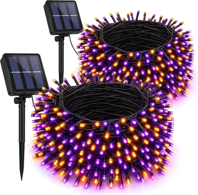 Main image of Dazzle Bright 2 Pack Total 400LED 132FT Halloween Solar String Outdoor Lights, 8 Modes Waterproof Halloween Lights for Bedroom Patio Garden Tree Party Yard Decoration (Purple & Orange)