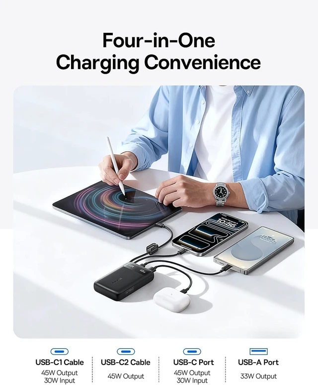 Alt view image 6 of 7 - 20000mAh Compact Portable Charger 45W CCC Certified Power Bank Built-in USB-C Cables Travel Essential PD Fast Charging Battery Pack for iPhone 18/17/16 Series Galaxy S25/S24 Ultra Google iPad