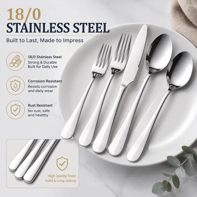 Alt view image 5 of 7 - 24-Piece Silverware Set with Steak Knives for 4, Forks Spoons Flatware Set