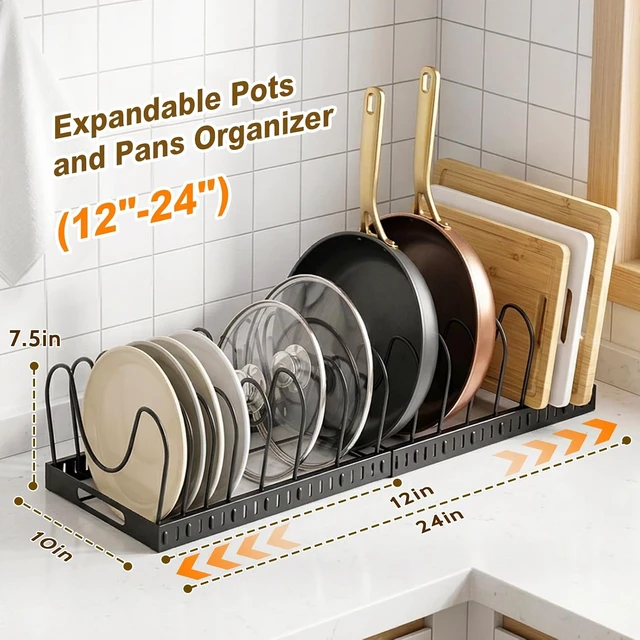 Alt view image 2 of 7 - 2PACK Expandable (12"-24") Pots and Pans Organizer Under Cabinet with 32 Adjustable Dividers for Kitchen, Pot Lid Organizers Inside Cabinet, Pan Lid Holder