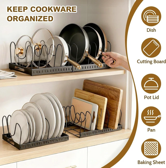 Alt view image 3 of 7 - 2PACK Expandable (12"-24") Pots and Pans Organizer Under Cabinet with 32 Adjustable Dividers for Kitchen, Pot Lid Organizers Inside Cabinet, Pan Lid Holder