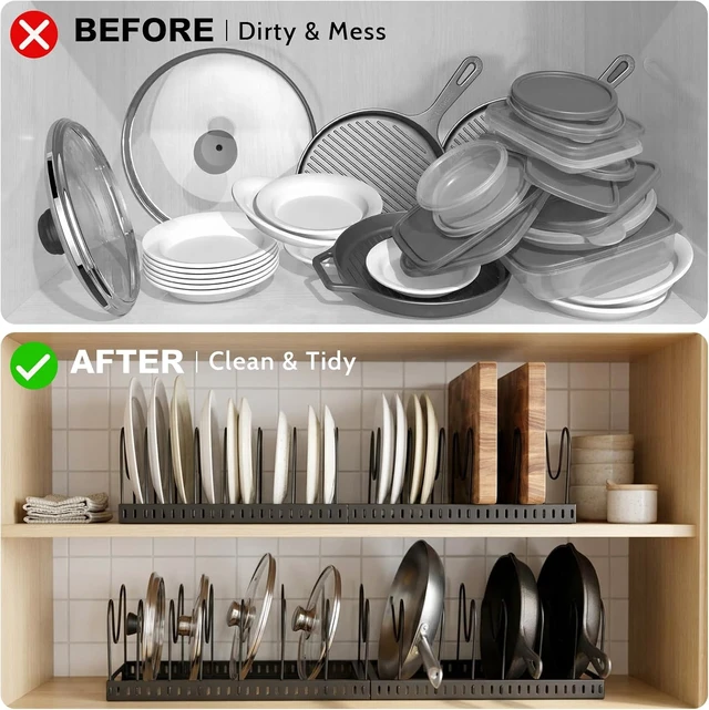 Alt view image 4 of 7 - 2PACK Expandable (12"-24") Pots and Pans Organizer Under Cabinet with 32 Adjustable Dividers for Kitchen, Pot Lid Organizers Inside Cabinet, Pan Lid Holder