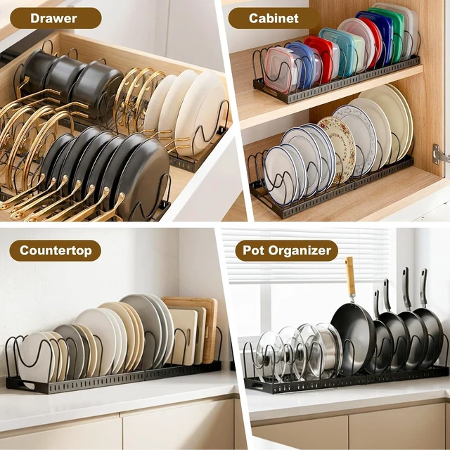 Alt view image 5 of 7 - 2PACK Expandable (12"-24") Pots and Pans Organizer Under Cabinet with 32 Adjustable Dividers for Kitchen, Pot Lid Organizers Inside Cabinet, Pan Lid Holder