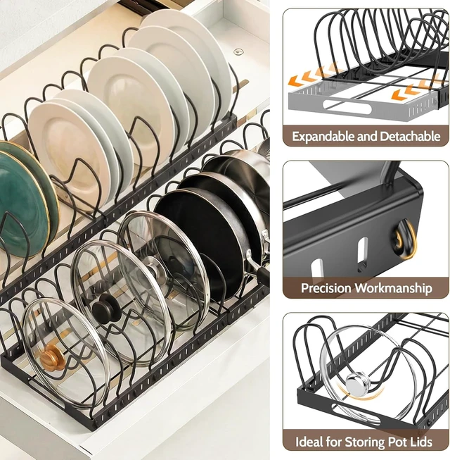 Alt view image 6 of 7 - 2PACK Expandable (12"-24") Pots and Pans Organizer Under Cabinet with 32 Adjustable Dividers for Kitchen, Pot Lid Organizers Inside Cabinet, Pan Lid Holder