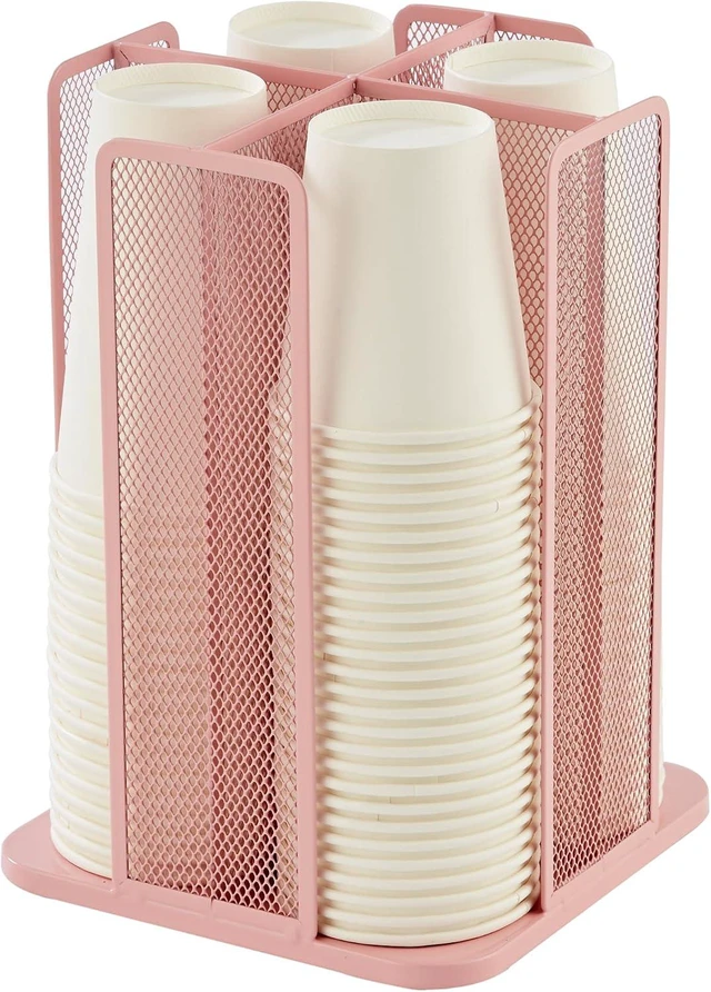 Main image of Paper/Plastic Cup and Lid Holder Plastic Storage Organizer, 360°Rotating Coffee Mup Dispenser with 4 Compartments, Multifunctional Storage Rack for Home, Office, Bar, Coffee Shop (Light PInk)