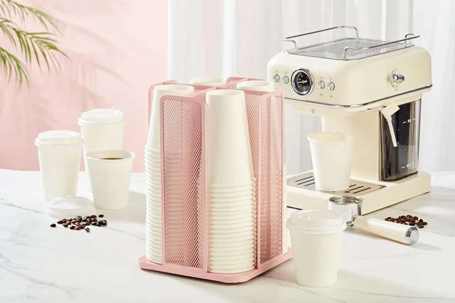 Alt view image 4 of 7 - Paper/Plastic Cup and Lid Holder Plastic Storage Organizer, 360°Rotating Coffee Mup Dispenser with 4 Compartments, Multifunctional Storage Rack for Home, Office, Bar, Coffee Shop (Light PInk)