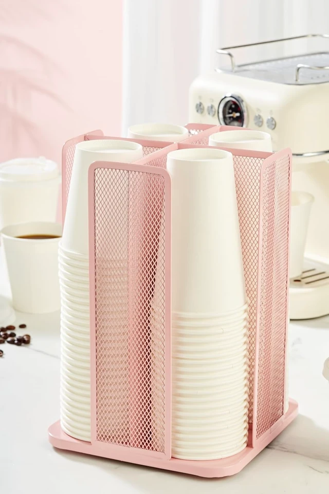 Alt view image 6 of 7 - Paper/Plastic Cup and Lid Holder Plastic Storage Organizer, 360°Rotating Coffee Mup Dispenser with 4 Compartments, Multifunctional Storage Rack for Home, Office, Bar, Coffee Shop (Light PInk)