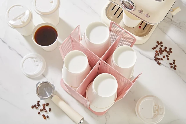 Alt view image 5 of 7 - Paper/Plastic Cup and Lid Holder Plastic Storage Organizer, 360°Rotating Coffee Mup Dispenser with 4 Compartments, Multifunctional Storage Rack for Home, Office, Bar, Coffee Shop (Light PInk)
