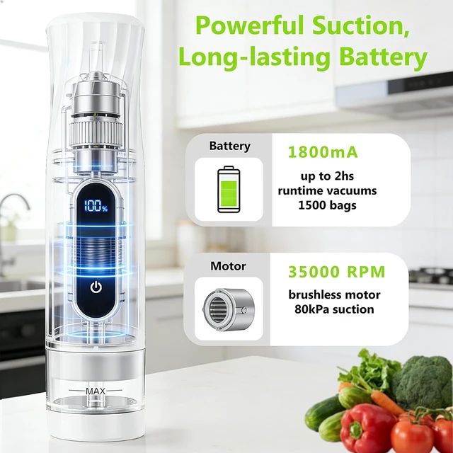 Alt view image 3 of 7 - Compact Vacuum Sealer for Food Storage: Portable Handheld Food Sealer, 80kPa Suction, 1800mAh Battery, 30 Reusable Vacuum Bags, Preserve 5X Freshness with Easy Operation