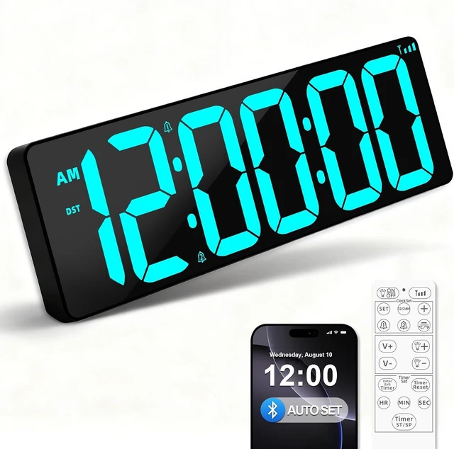 Main image of 17.2" Bluetooth Digital Wall Clock with Seconds, Large Countdown Timer for Classroom Home Gym Kitchen Office, Alarm Clock with Remote Control, 4 Dimmable Brightness, Auto DST (Ice Blue)