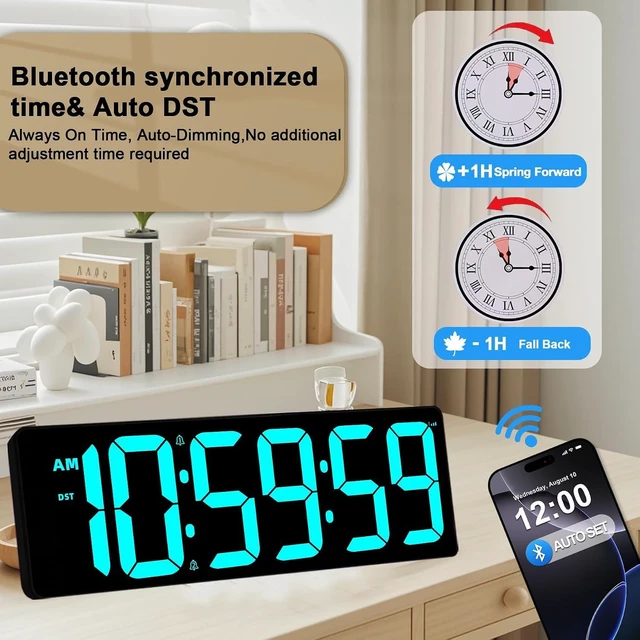 Alt view image 4 of 7 - 17.2" Bluetooth Digital Wall Clock with Seconds, Large Countdown Timer for Classroom Home Gym Kitchen Office, Alarm Clock with Remote Control, 4 Dimmable Brightness, Auto DST (Ice Blue)