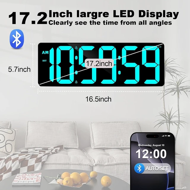 Alt view image 3 of 7 - 17.2" Bluetooth Digital Wall Clock with Seconds, Large Countdown Timer for Classroom Home Gym Kitchen Office, Alarm Clock with Remote Control, 4 Dimmable Brightness, Auto DST (Ice Blue)