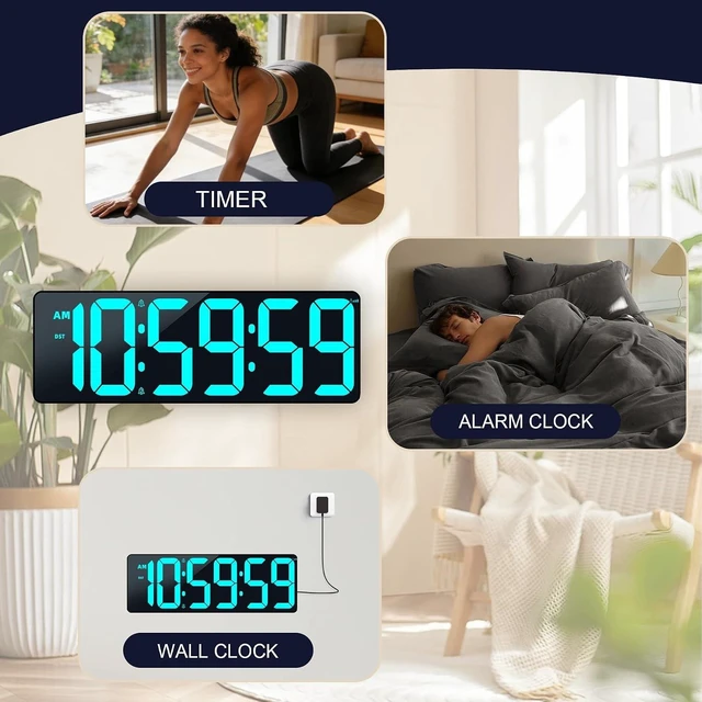 Alt view image 6 of 7 - 17.2" Bluetooth Digital Wall Clock with Seconds, Large Countdown Timer for Classroom Home Gym Kitchen Office, Alarm Clock with Remote Control, 4 Dimmable Brightness, Auto DST (Ice Blue)