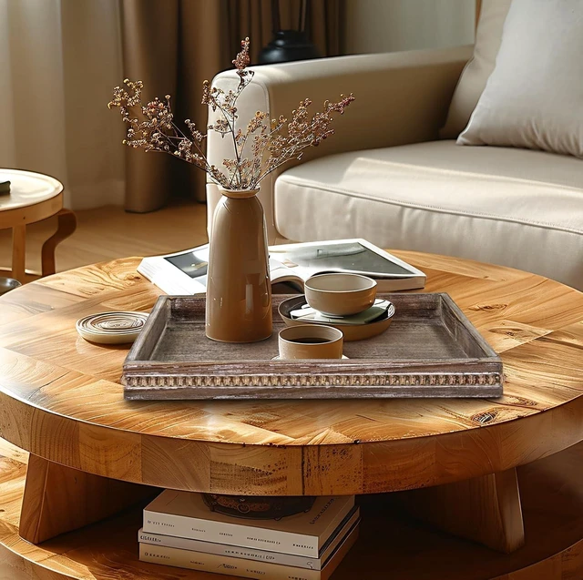 Alt view image 5 of 7 - Rectangular Wood Serving Tray, Vintage Brown Farmhouse Wood Tray