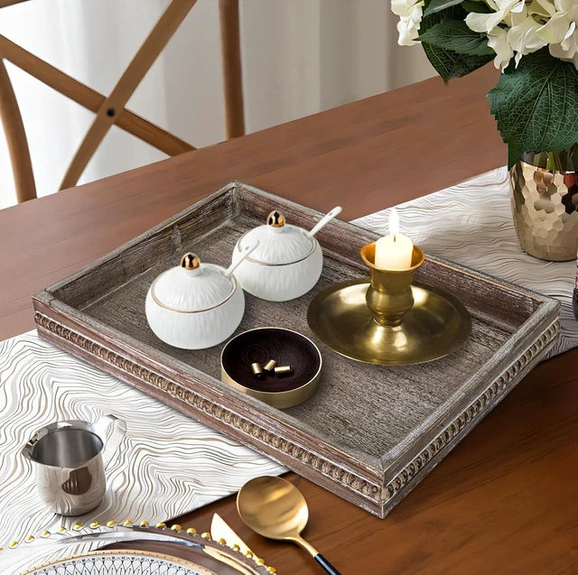 Alt view image 4 of 7 - Rectangular Wood Serving Tray, Vintage Brown Farmhouse Wood Tray