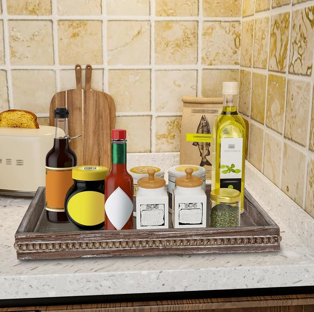 Alt view image 6 of 7 - Rectangular Wood Serving Tray, Vintage Brown Farmhouse Wood Tray
