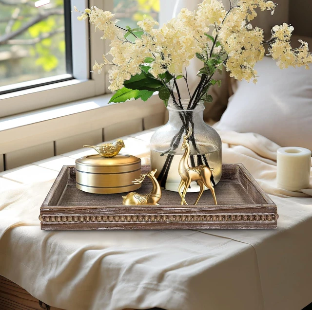 Alt view image 7 of 7 - Rectangular Wood Serving Tray, Vintage Brown Farmhouse Wood Tray